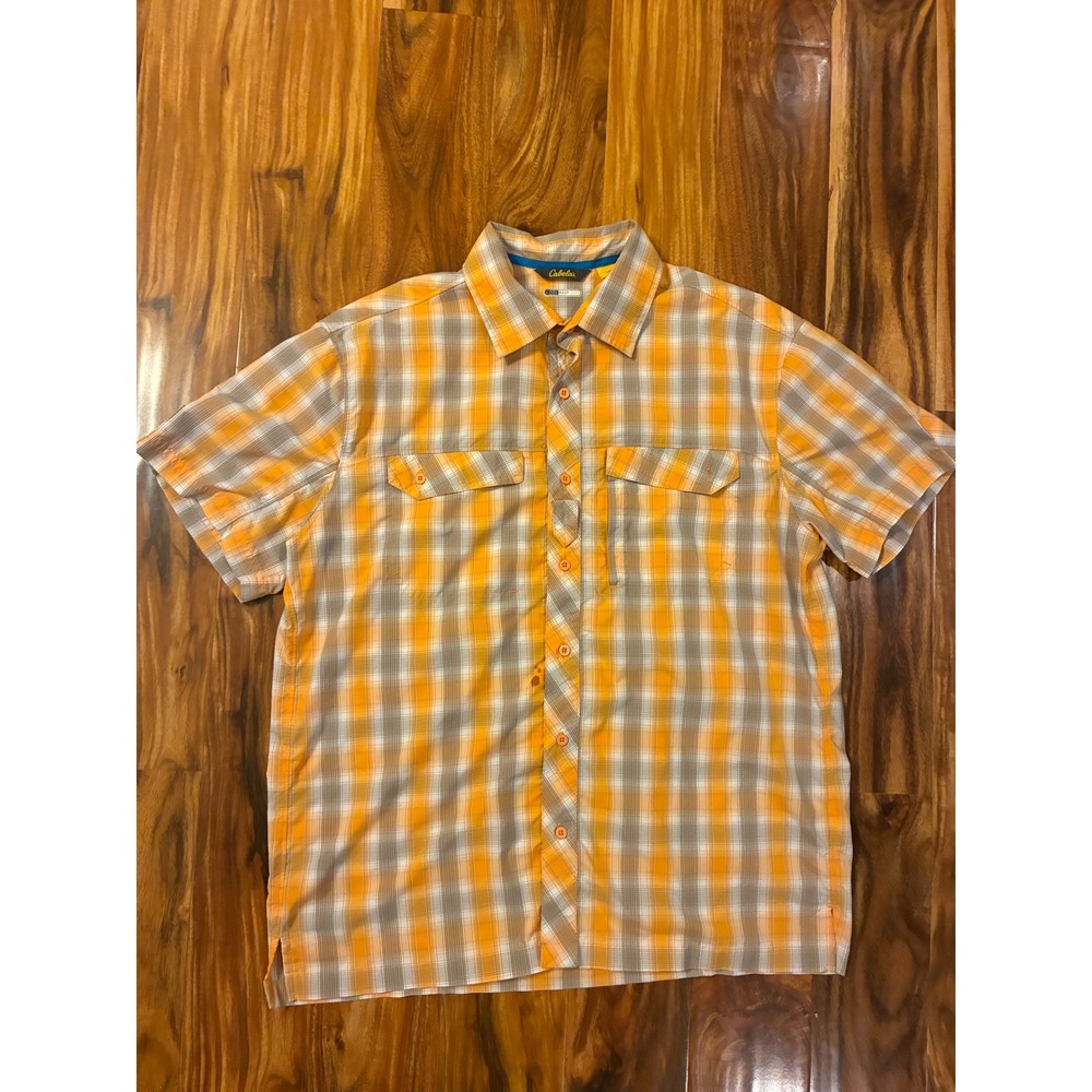 Cabelas Mens CoolMax Plaid Short Sleeve Button Up Shirt Orange Tan Large